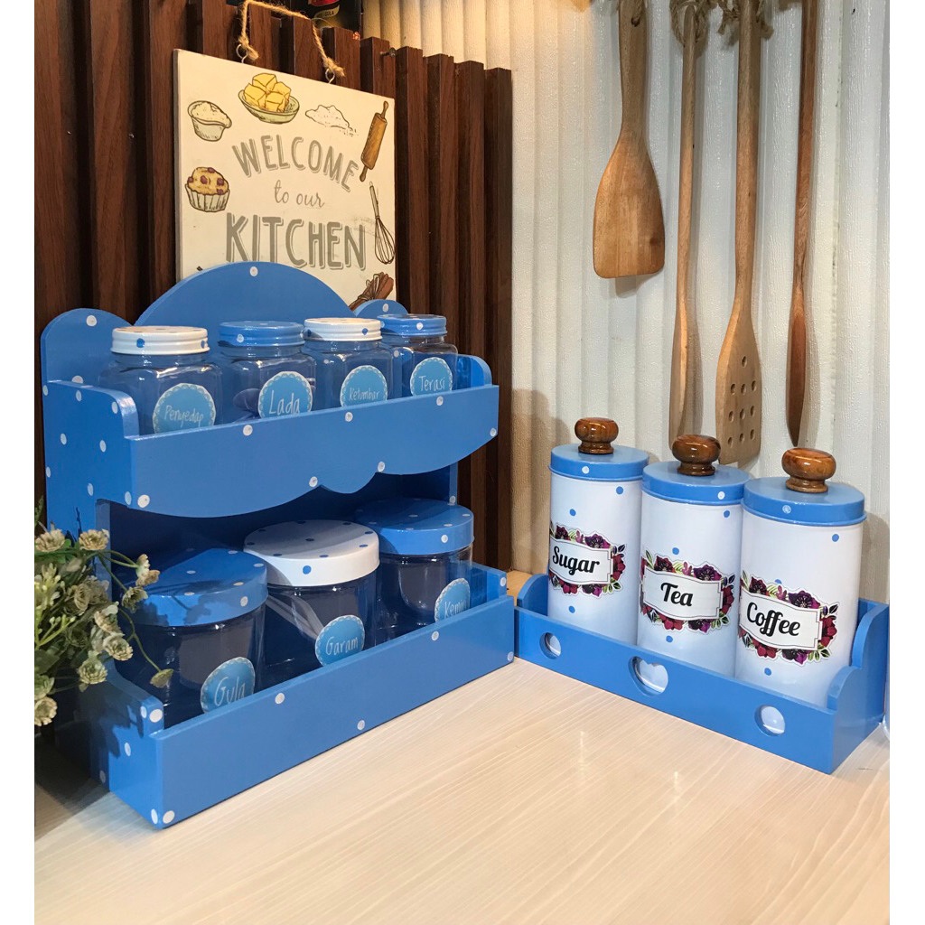paket rak bumbu dan tempat teh gula kopi warna kombinasi , cantik dan murah