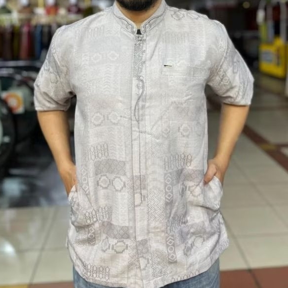 Terbaru kemko pria lengan pendek kemeja koko bordir jaguar halus premium abu abu silver