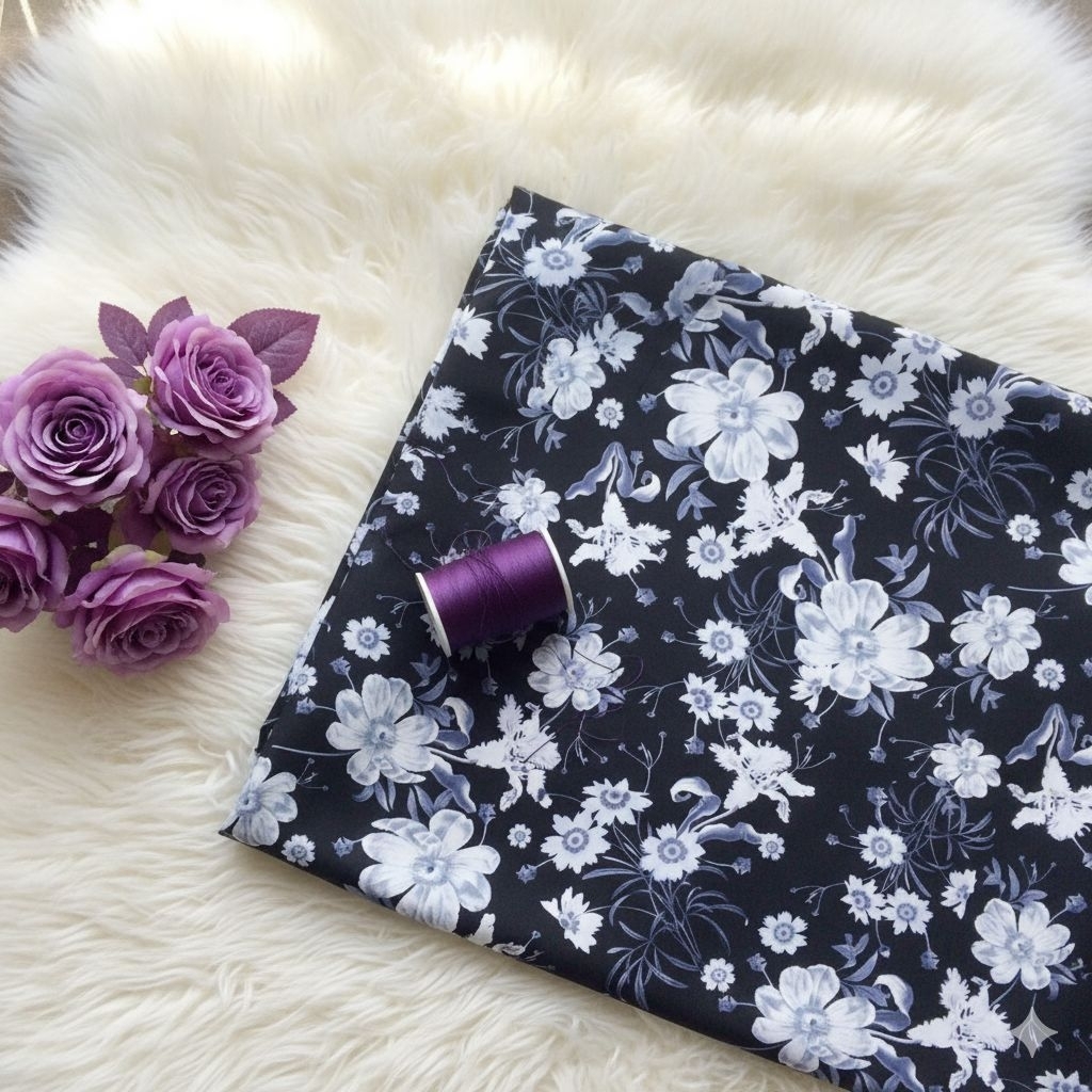 KAIN SATIN SILK MOTIF BUNGA MONOKROM / Floral Hitam Putih Premium / Bahan Gamis Dress Blouse Mewah /