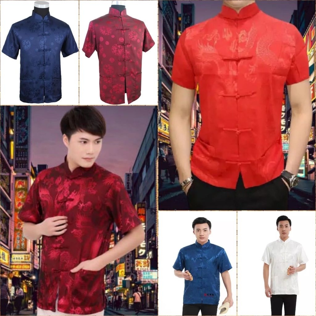 Cheongsam Pria Lengan Pendek Motif Naga Bahan Satin