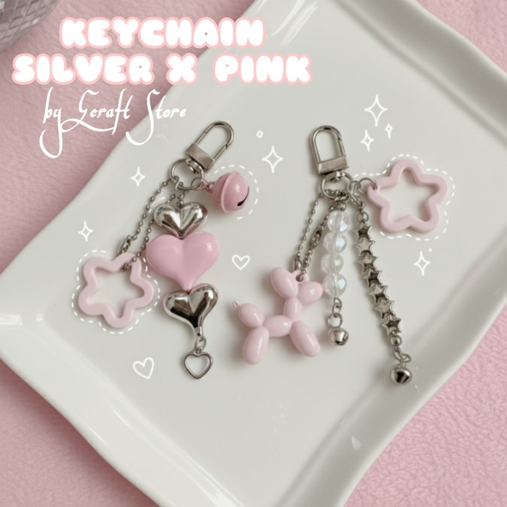 Keychain Pink Silver Y2K Coquette Unique / Gantungan Kunci Silver Pink Lucu Aesthetic