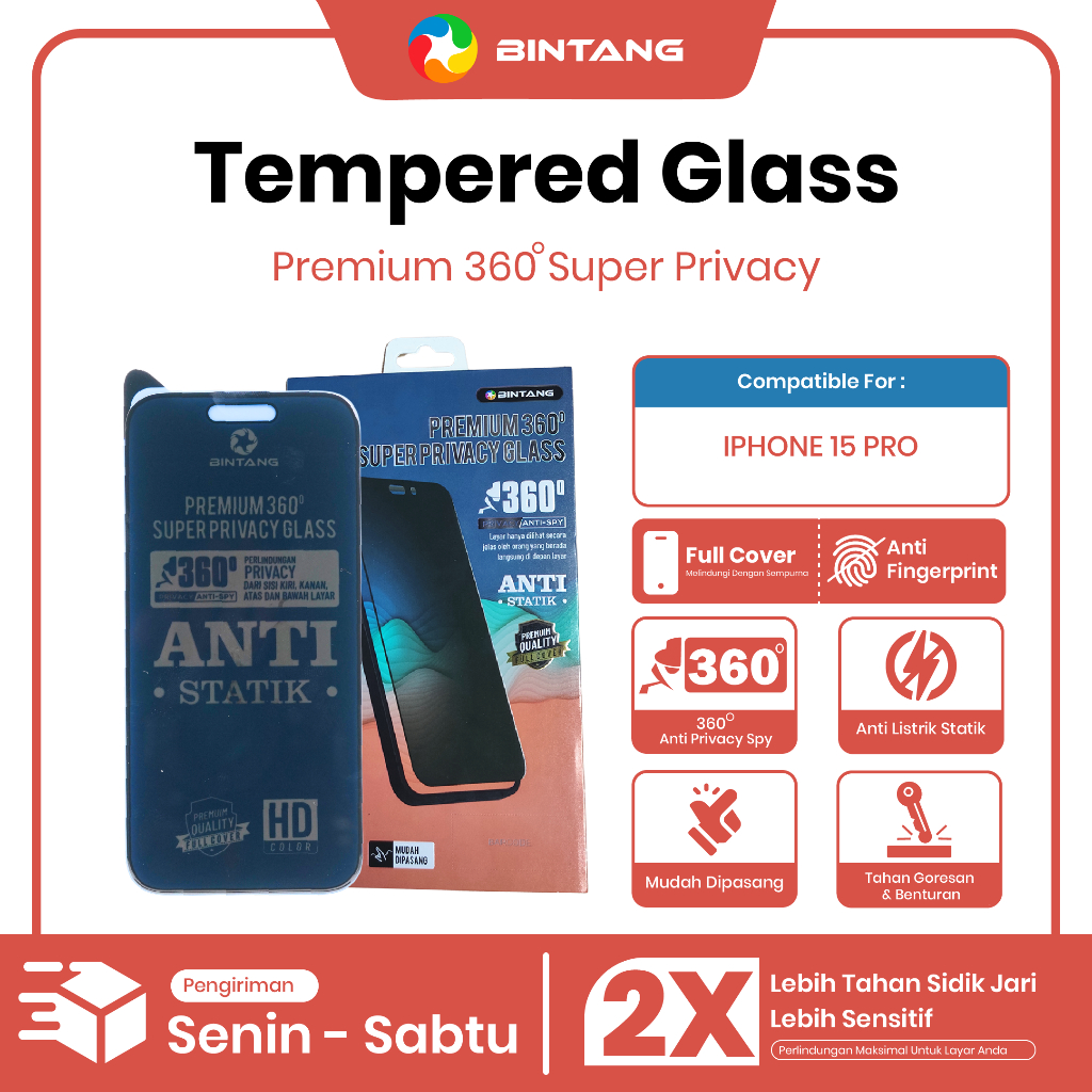 BINTANG Tempered Glass Anti Statik Anti SPY 360° SUPER PRIVASI Fullcover IPHONE 15 PRO