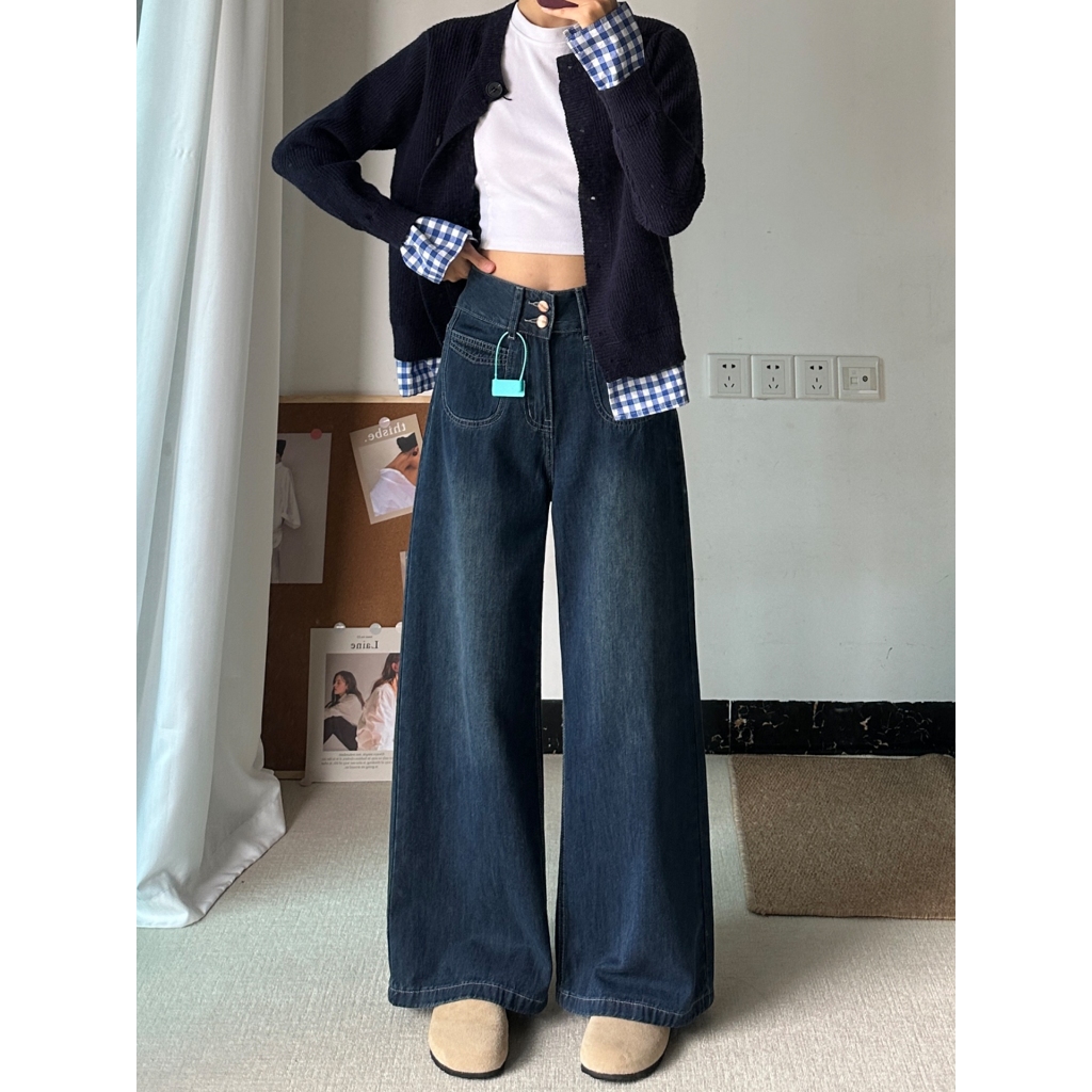 YOYO - High Waist Baggy Wide Jeans Celana Panjang Wanita Saku Depan Kulot Jeans wanita Premium