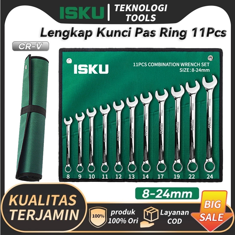 ISKU Kunci Ring Pas Set 11pcs 8-24mm/Dengan Tas Penyimpanan Kunci Pas Set Tools Ring Pas Kunci Set/A