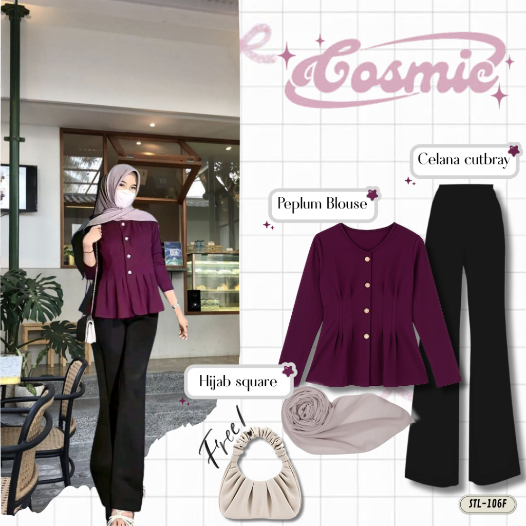 One Set Korean Style 3in1  Celana cutbray Peplum blouse Jilbab square Outfit Burgundy OOTD Kekinian 