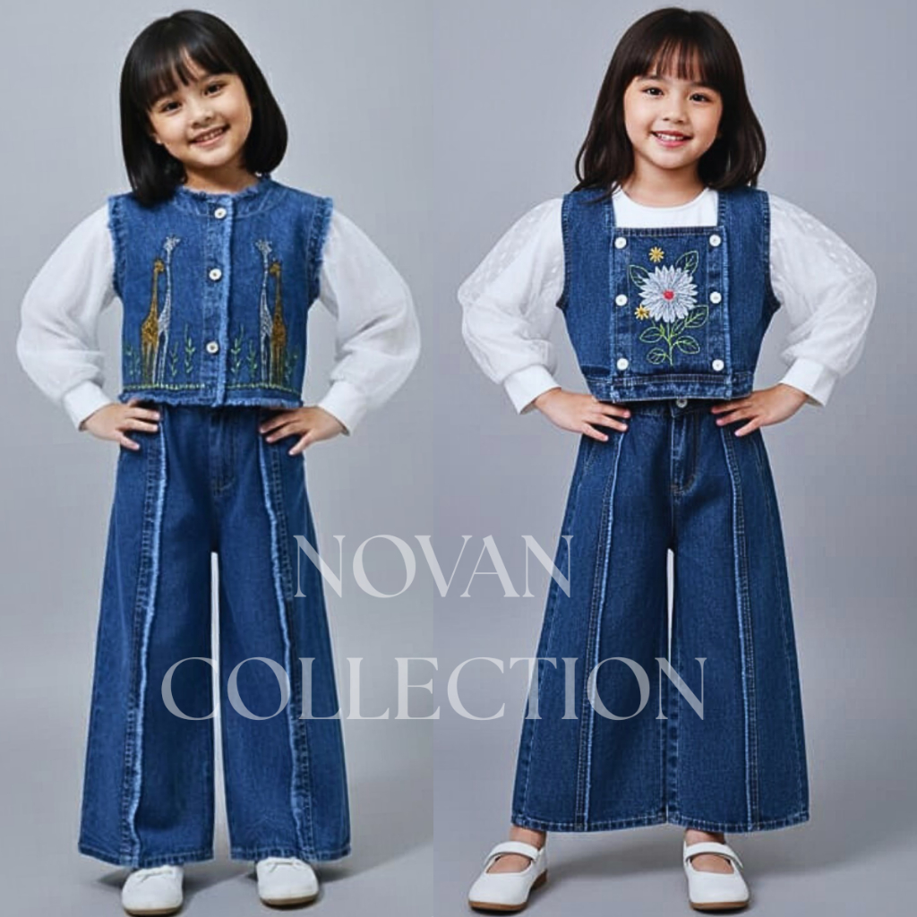 Setelan jeans anak perempuan lengan panjang brukat celana kulot skena jeans usia 3 - 11 tahun set an