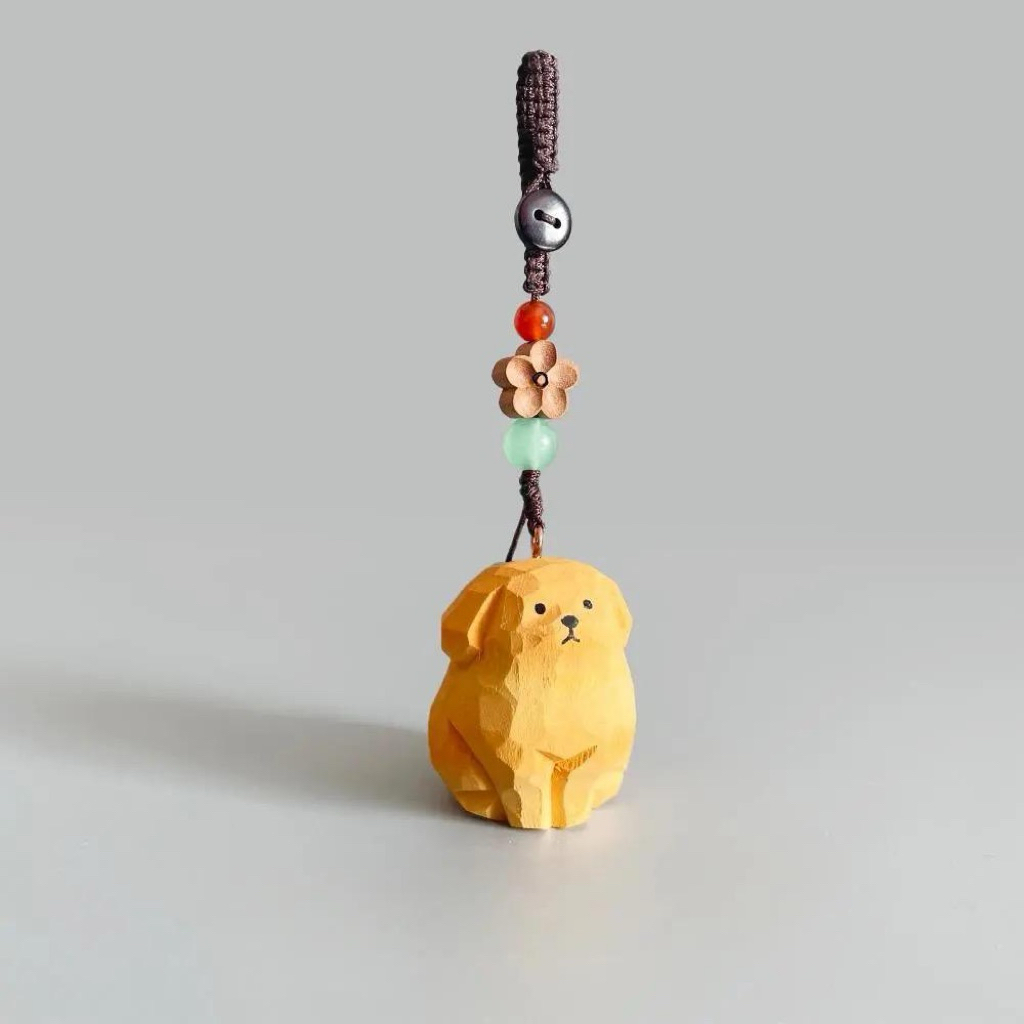 CLS02-003 Gantungan Kunci Tas Aksesoris Natural Wood Ukiran Golden Retriever