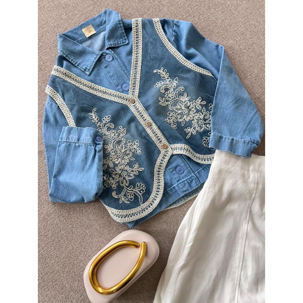 Vest Outer Jeans Denim Bordir Bunga Casual