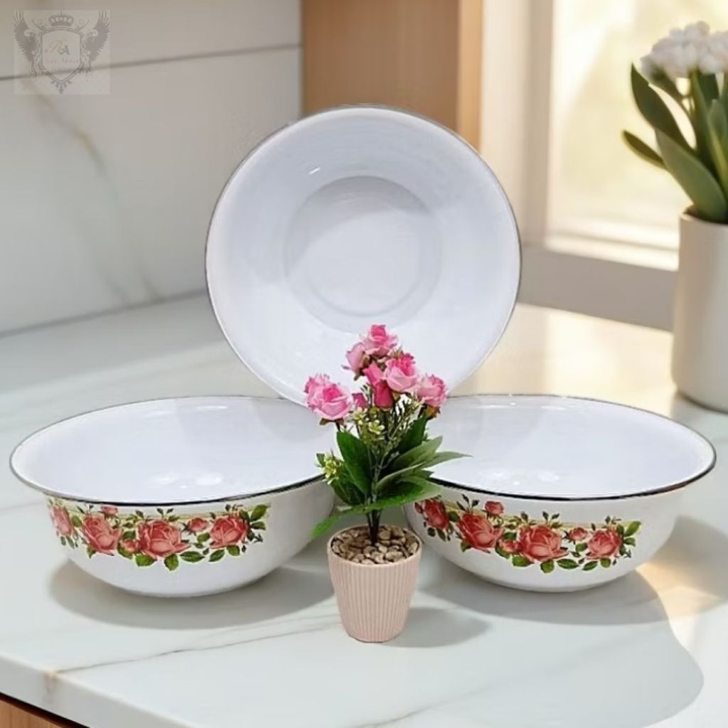 BASKOM MOTIF BUNGA-BUNGA / WADAH MOTIF / MANGKOK BESAR PUTIH MOTIF BUNGA-BUNGA