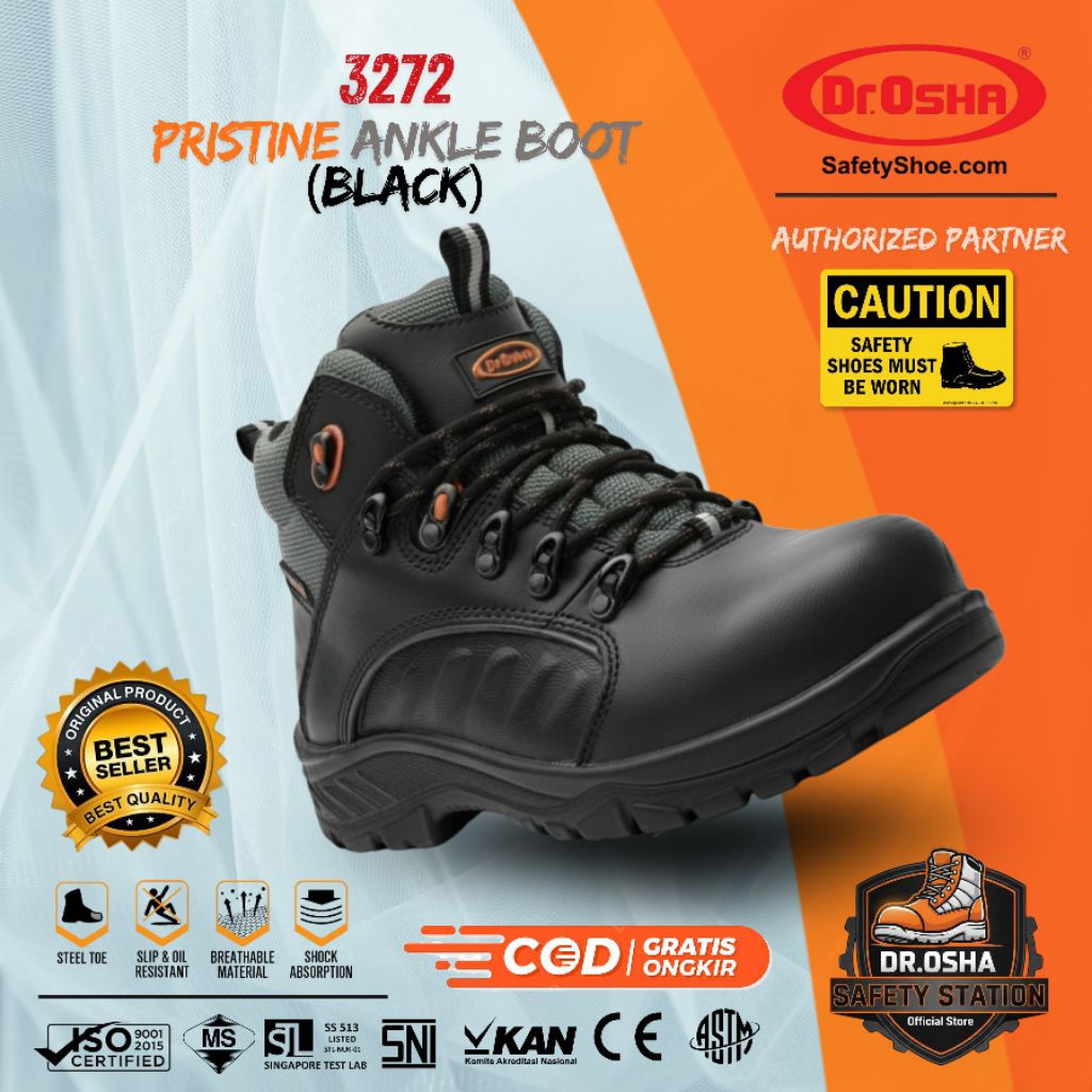 Sepatu Safety Dr OSHA Pristine 3272 S1 S2 S3 Composite Waterproof Kevlar Safety Shoe Ankle Boot - Bl