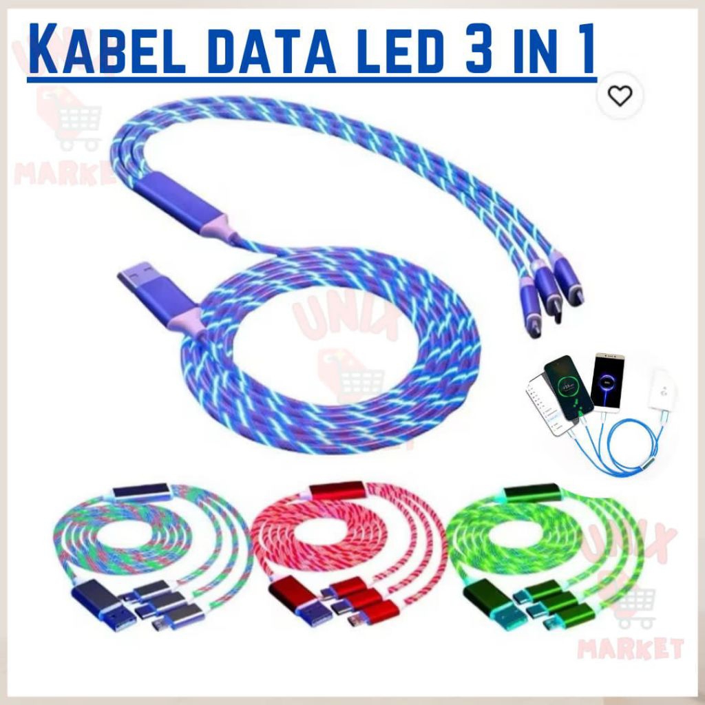 Kabel Data LED 3in1 K-230 Kabel Data Charger Micro Lightning Type C Kabel Charger LED cas hp cable