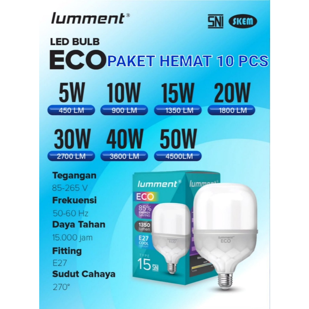PAKET 10 PCS LUMMENT ECO Lampu Bohlam LED 5W 10W 15W 20W 30W 40W 50 Watt - Cahaya Putih