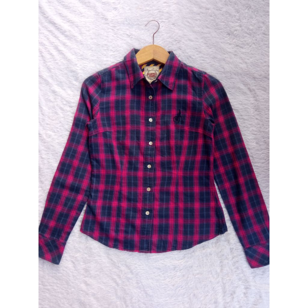 Kemeja Bean Pole Kotak Pink Fuchsia Biru Dongker Navy Soft Blue Ungu