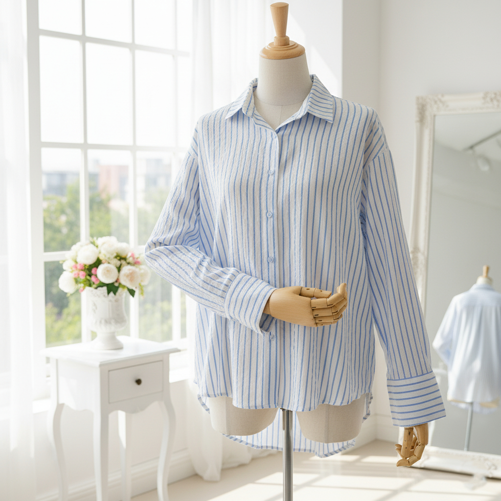 KEMEJA WANTA SALUR MOTIF BUNGA / ATASAN STRIP CEWEK KOREAN / OVERSIZE JUMBO SHIRT