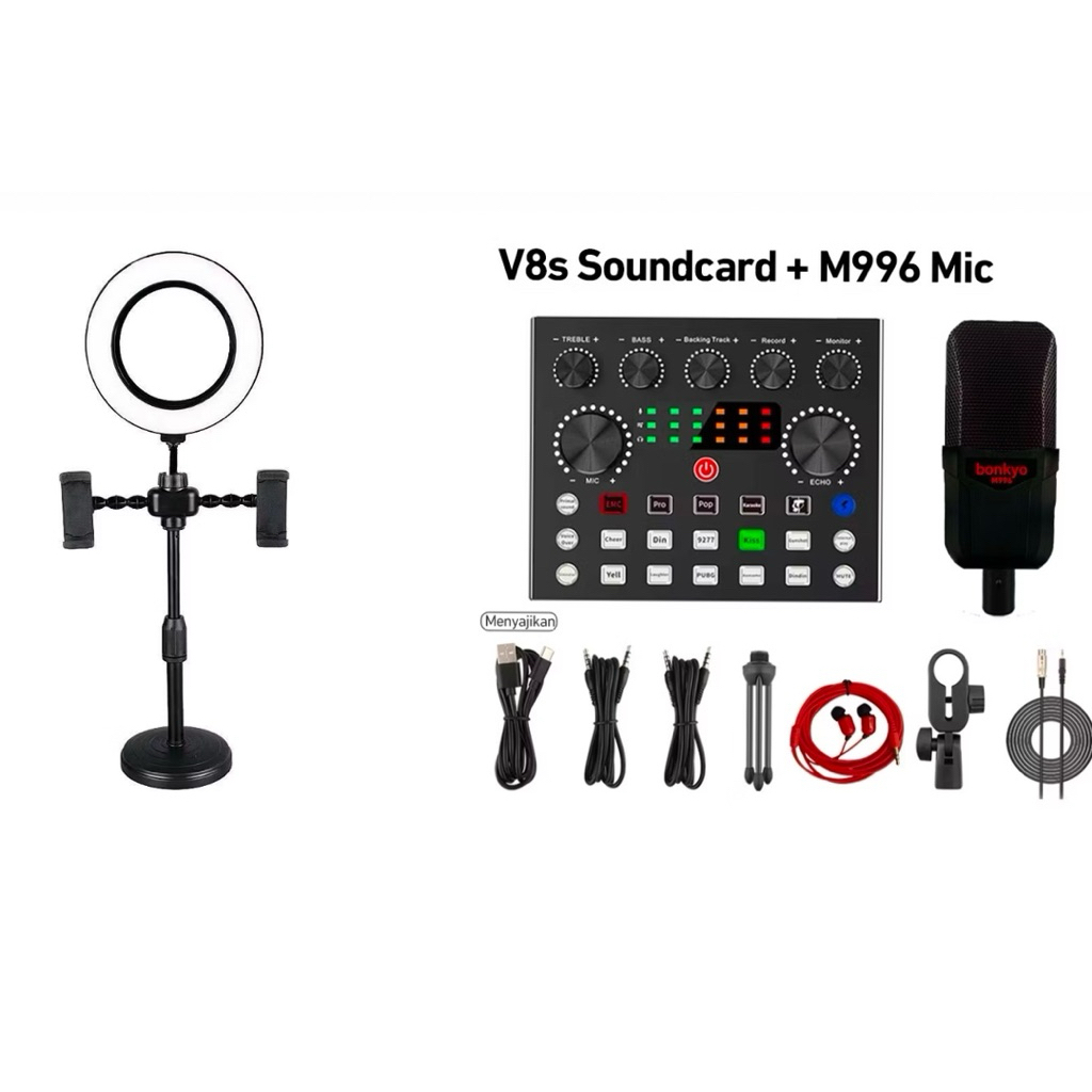 Soundcard V8s Bluetooth with Microphone Bonkyo & ringlight 2 holder hp free Earphone