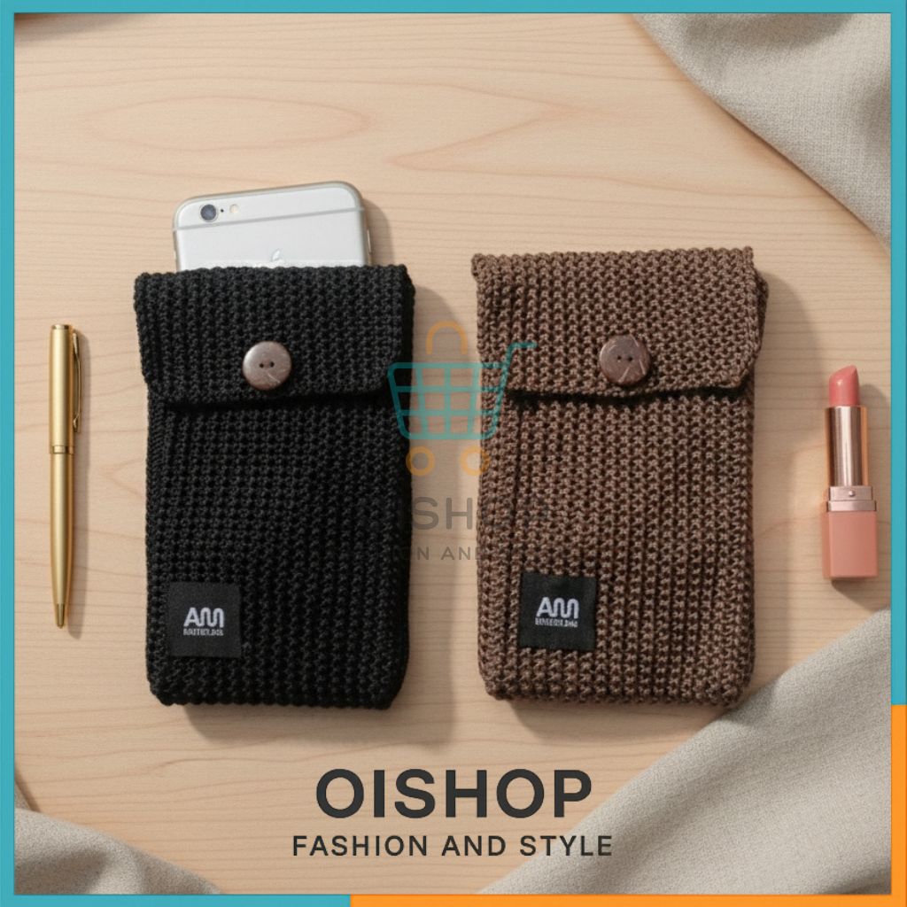 Tas Rajut Selempang Handmade – Pouch Rajut HP Wanita Pria Warna Netral Motif Garis Kancing Kayu Este