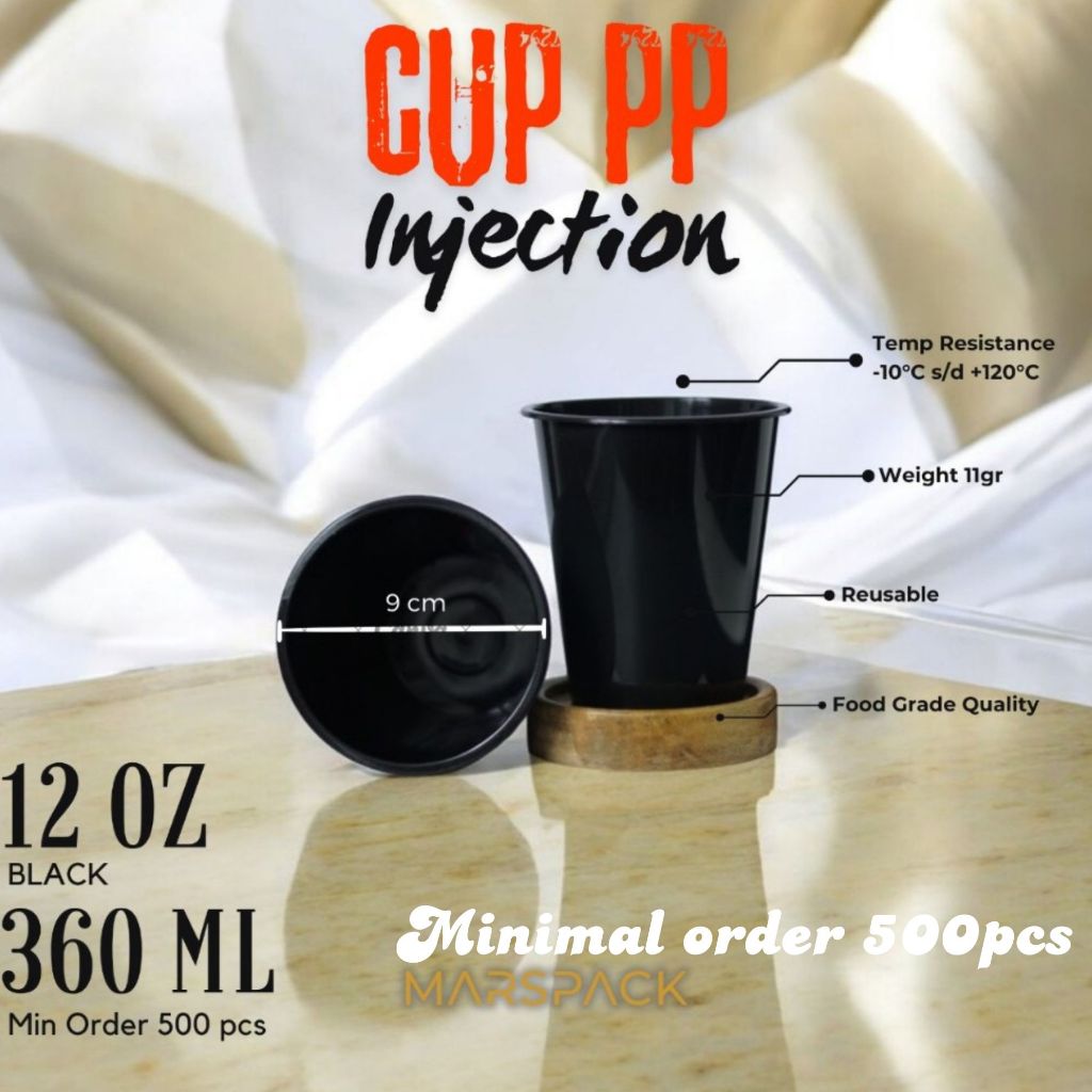 Cup Injection PP Black 12oz 360ml - Cup Only - Minimal Order 500pcs