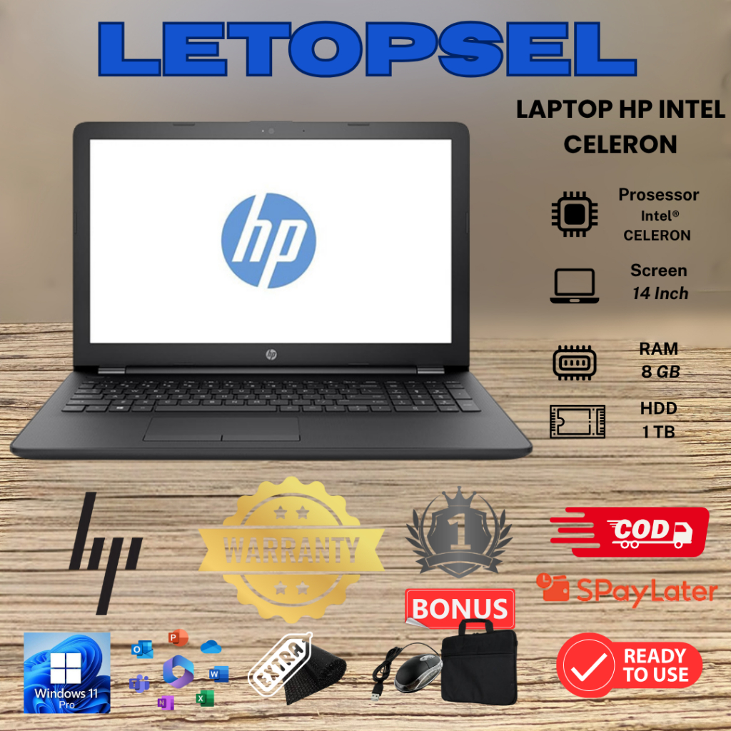 LAPTOP Hp INTEL CELERON RAM 8GB - 1 TB/ WIN 10/ BONUS TAS LAPTOP & MOUSE