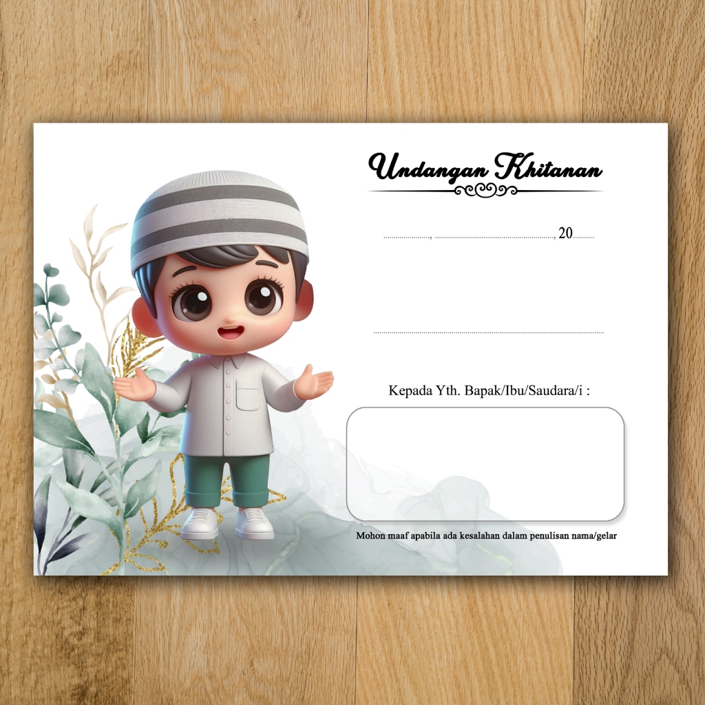 (Isi 25 Pcs) Kartu Undangan Khitan Tema Kartun Anak 3D Hijau Daun Unik Tulis Tangan Khitanan