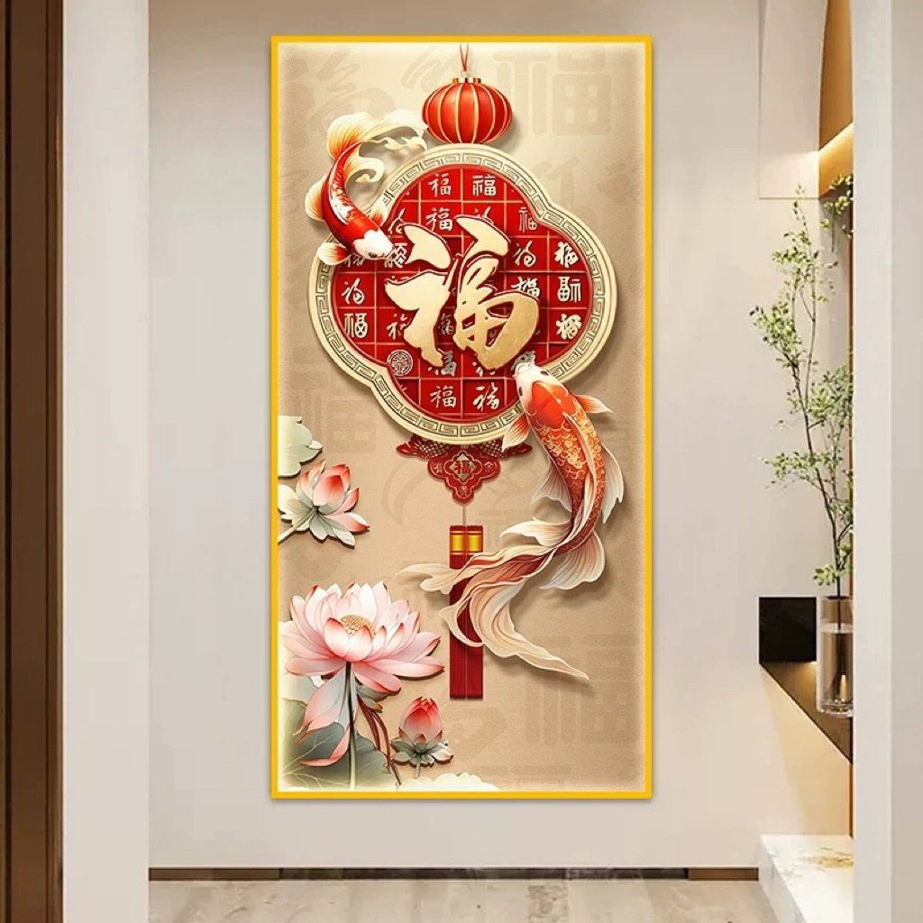 HUATPAINTING | Lukisan Porcelain Diamond Kristal 5D (LED) Motif Ikan Koi Kaligrafi Hok Fu Emas / Luk