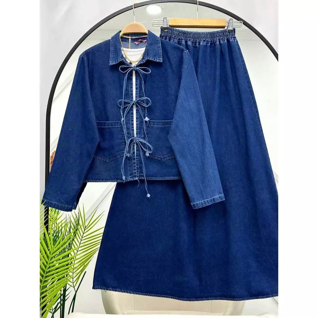 Antika Fashion - Dira Ribon Set Rok Jeans Denim Setelan Outer Wanita Dewasa Muslimah Terbaru 2025