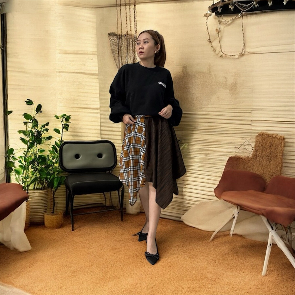 Rok Asimetris Midi Brown, Rok Tartan (Brown Rangkai Rupa Skirt)