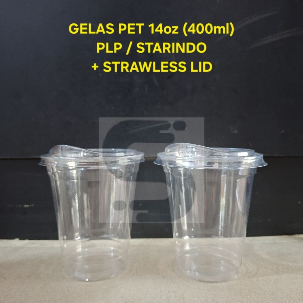 (isi 50 pcs) Gelas PET 12 Oz 14 Oz 16 Oz 9 gram STARINDO / PLP + TUTUP LID STRAWLESS Tebal Higenis K