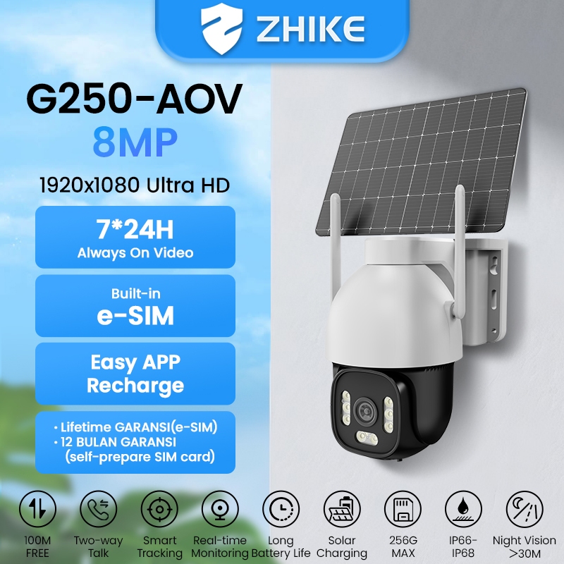 Zhike G250-AOV Smart Camera CCTV Solar Cell / Tenaga Surya e-SIM card 7*24H Baterai Tahan Lama Motio
