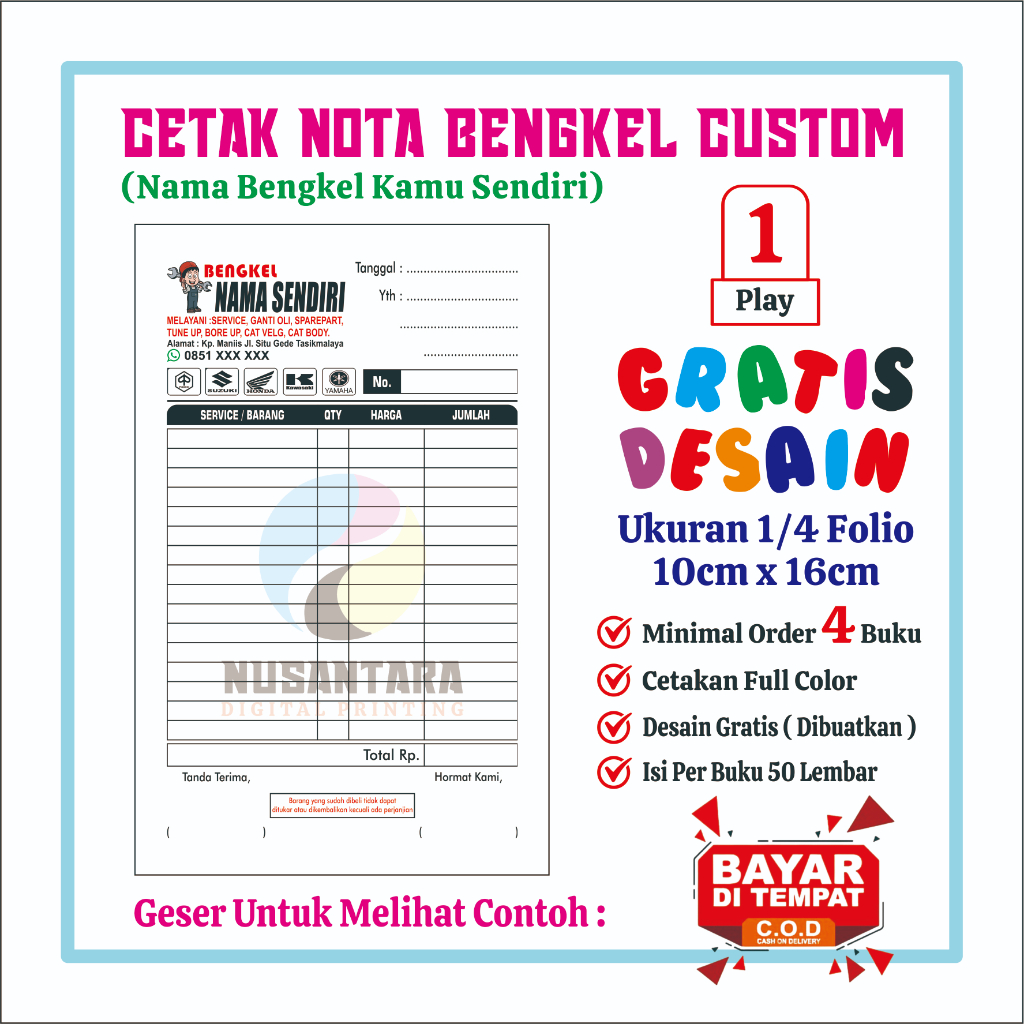 Nota Bengkel Custom 1 Ply Nama Sendiri Free Desain - Kwitansi Bon Servis Motor Mobil HVS Murah