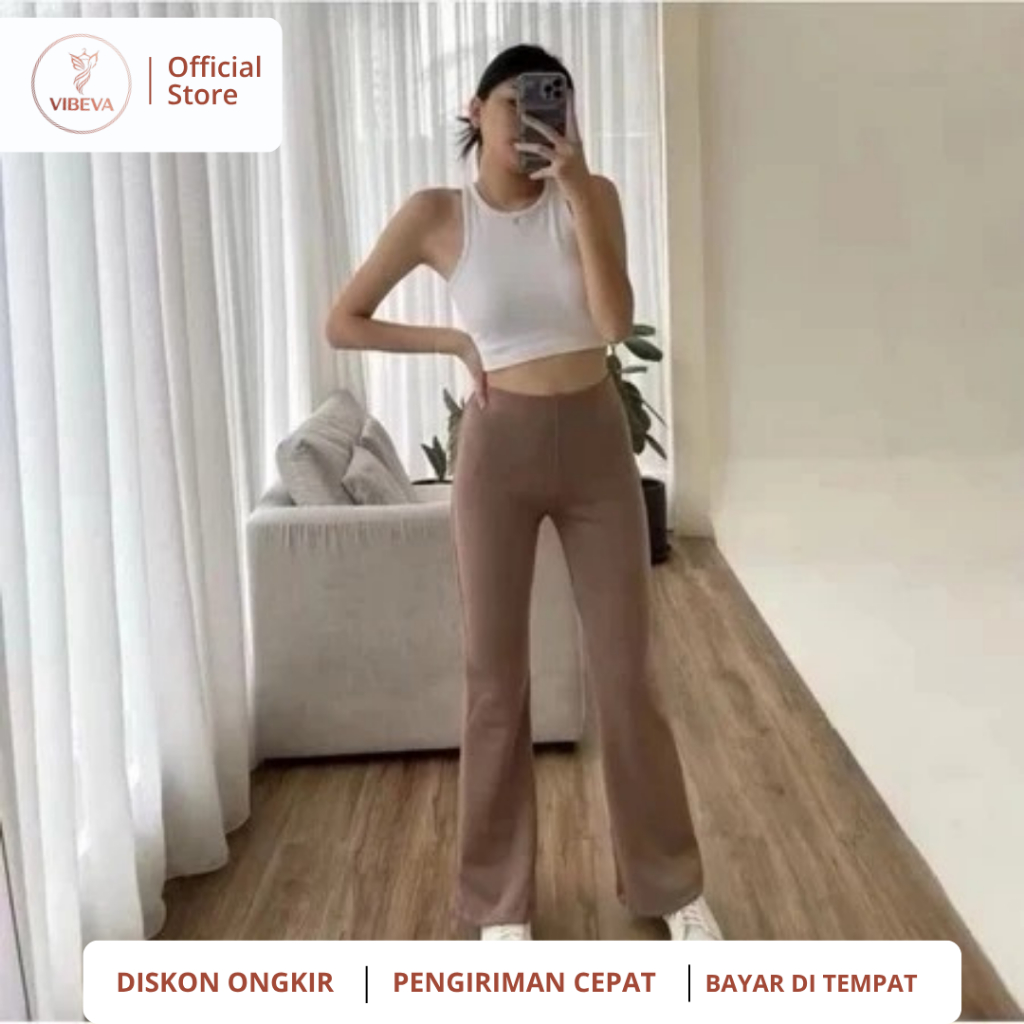 VIBEVA - Celana Fit And Flare Highwaist Scuba Stretch Wanita coklat susu