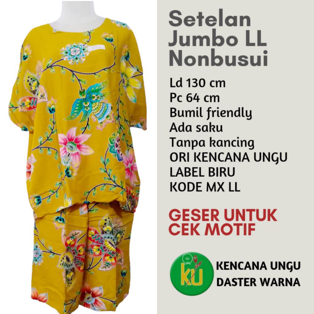 Setelan Baby Doll Baju Tidur Kulot Jumbo Tanpa Kancing Stelan Batik Kencana Ungu Label Biru Original