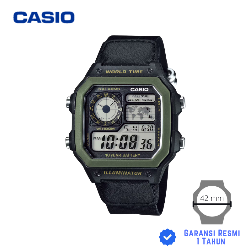 JAM TANGAN PRIA CASIO AE-1200WHB-1B HITAM - AE 1200WHB 1BVDF Strap Canvas
