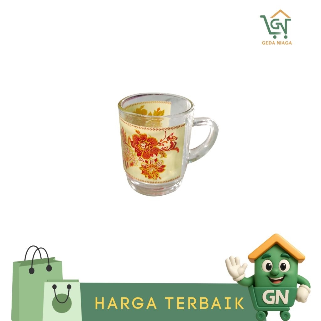 Gelas Kaca Satu Set / Gelas Gagang Motif Bunga Batik Printing (6PCS)