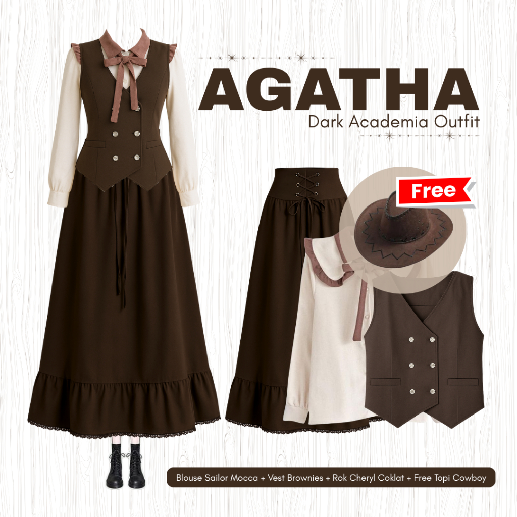 [Hijab Frendly] Dark Academia Outfit Yearbook | Set Blouse + Vest + Rok + Topi Cowboy | Chiky092
