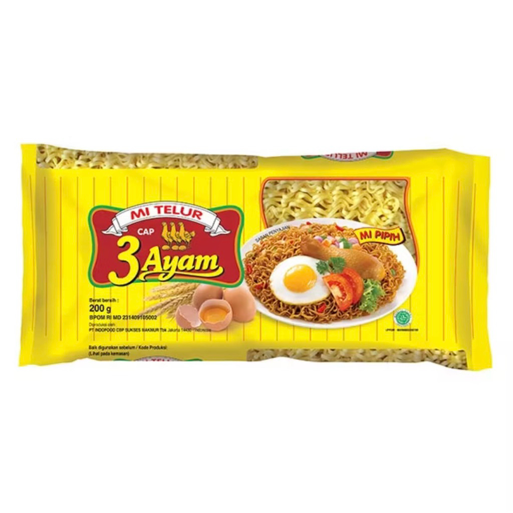 Mie Telur Cap 3 Ayam Kuning Kemasan 200gr(Mie Pipih)