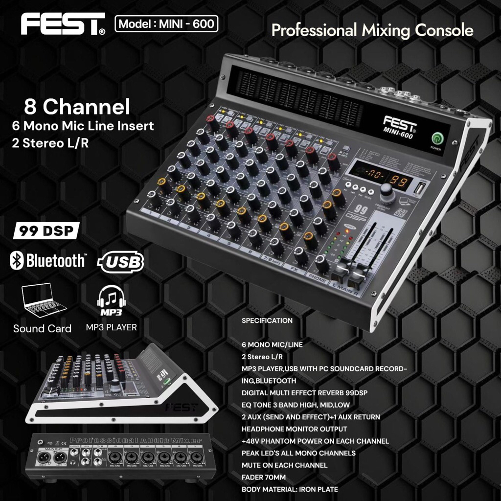 Mixer Fest Mini 600 Original Product 8 Channel Bluetooth