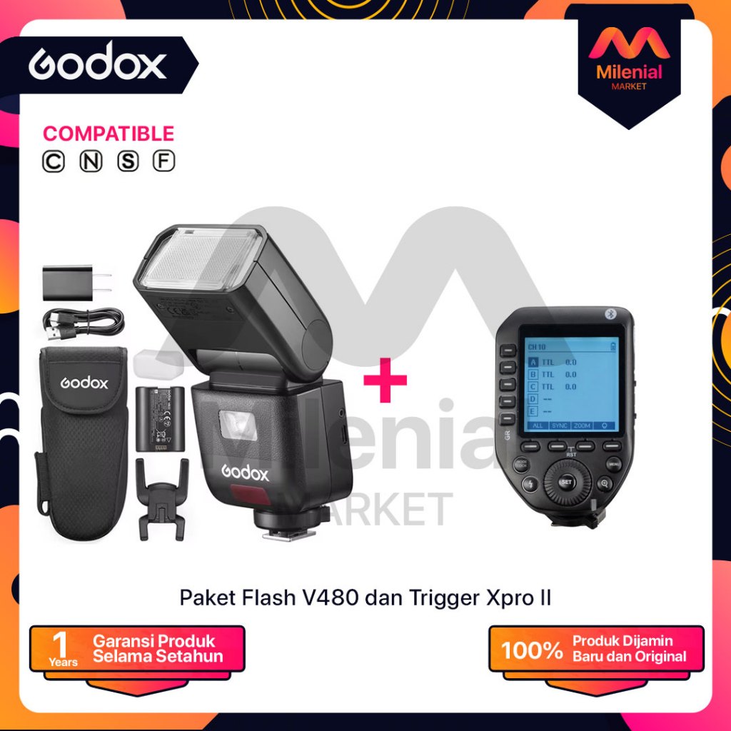 Paket Flash Godox V480 + Trigger XPRO II V480 V 480 Canon Fujifilm Nikon Olympys Sony