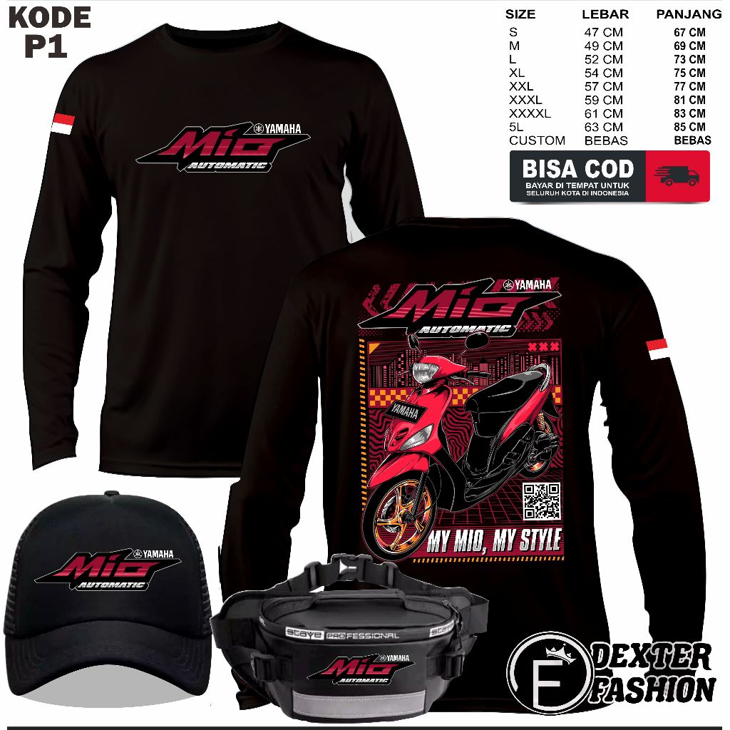 KAOS YAMAHA MIO TANGAN PANJANG DAPAT TAS DAN TOPI BAJU MIO TERBARU BAHAN BERKUALITAS KATTUN 24S | DF