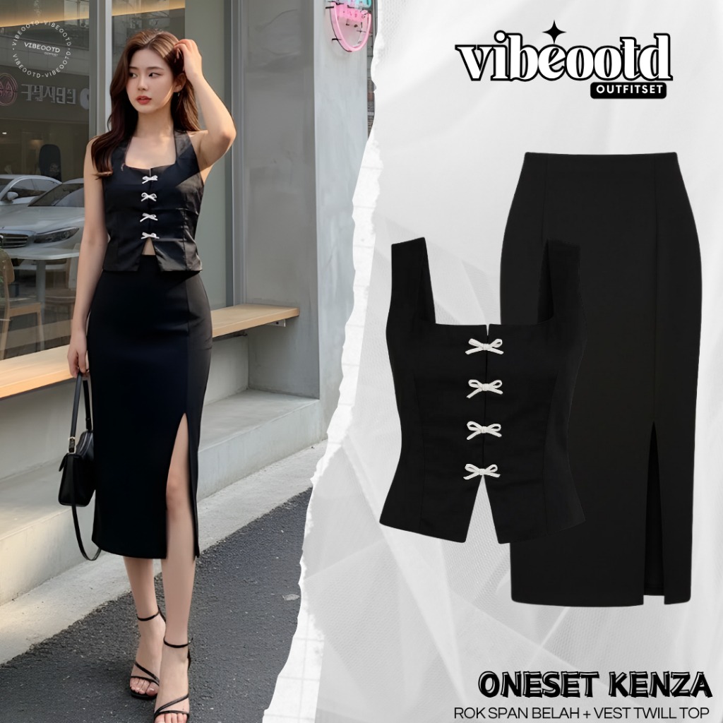 Kenza Outfit Set Wanita ( Rok Span Belah Samping + Vest Ribbon Twill Top ) One Set Korean Style Kece