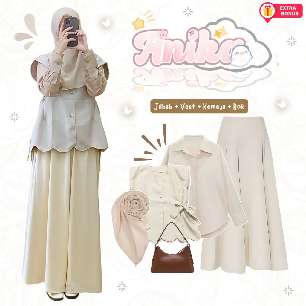 one set 4in1 jilbab + vest + kemeja polos + celana kulot | OOTD cewek wanita modern kekinian muslima