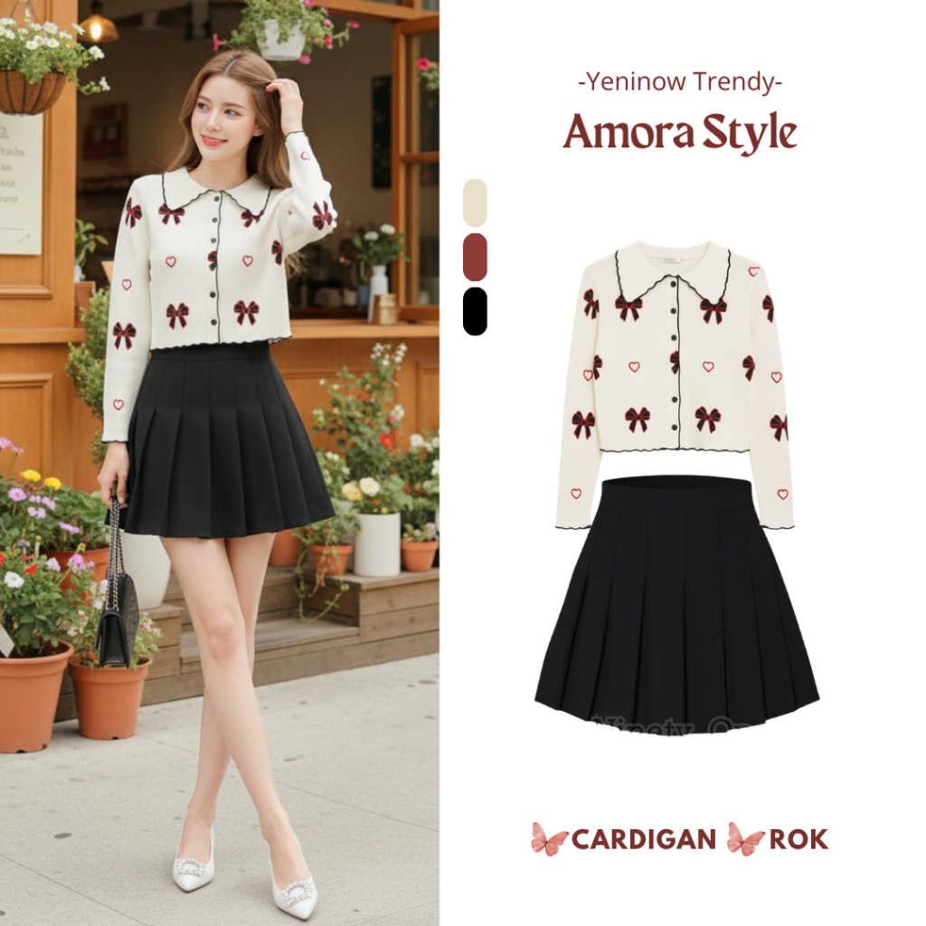Amora Style One Set 2in1 Cardigan + Rok Mini Korea Outfit Hangout Casual Simple but Elegan Ootd Nong