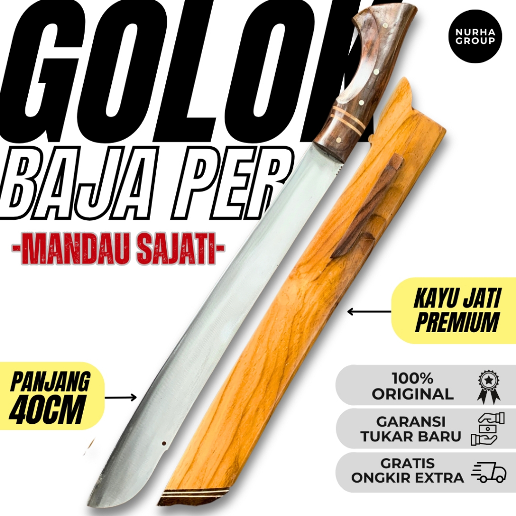 Nurha Group | Golok Baja Per Asli Mandau Sajati  – Full Tang Tajam Siap Pakai Sarung Kayu Premium