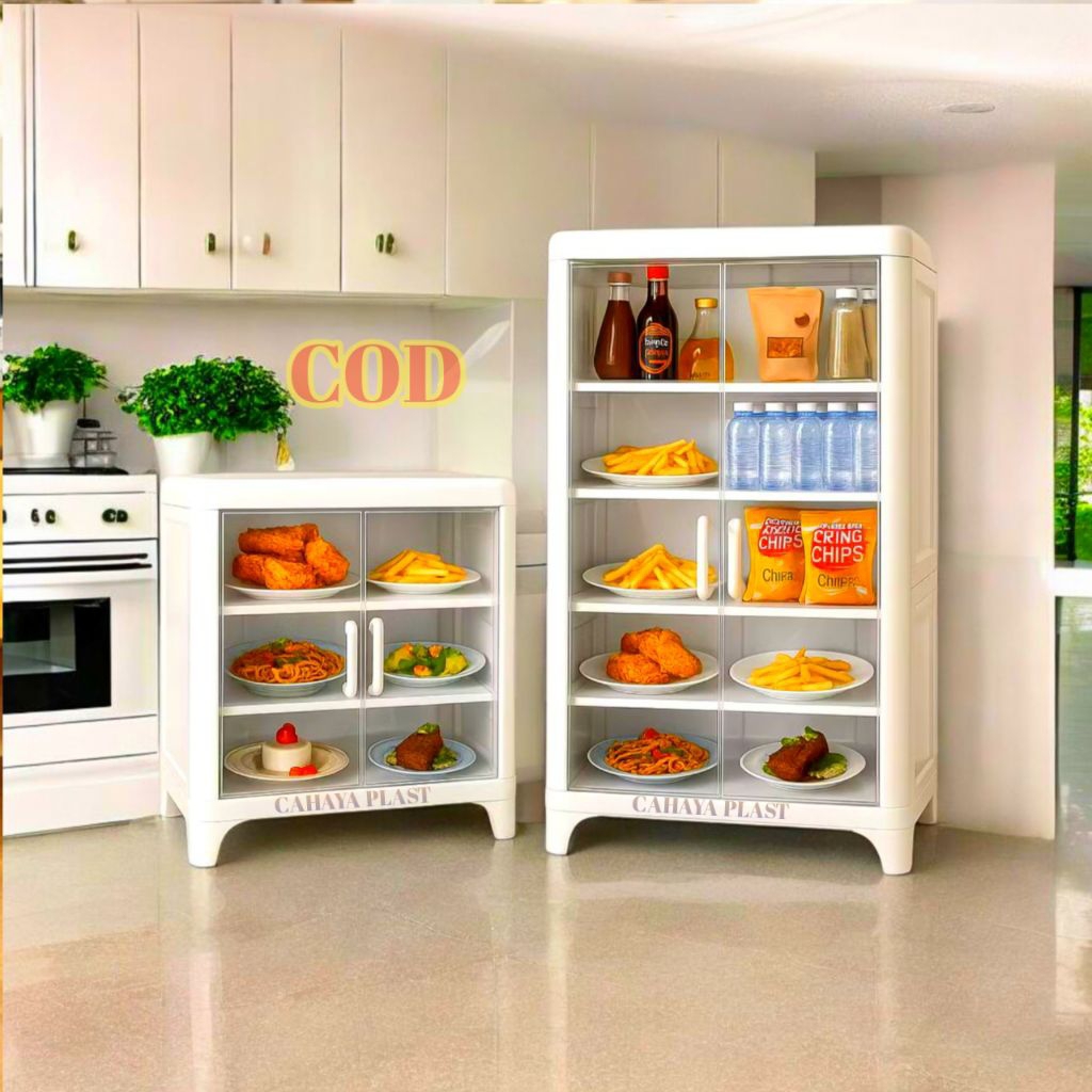 Rak Tempat Makanan Buku Minuman Bahan Plastik Susun 3 Serbaguna Tutup Mika Bening FOOD Penyimpanan M