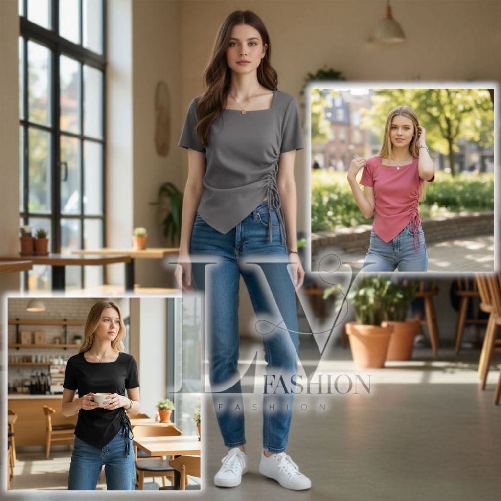 LV - Blouse Wanita Casual Elegan KaosLengan Pendek Model Tali Serut Samping Korean Style  917