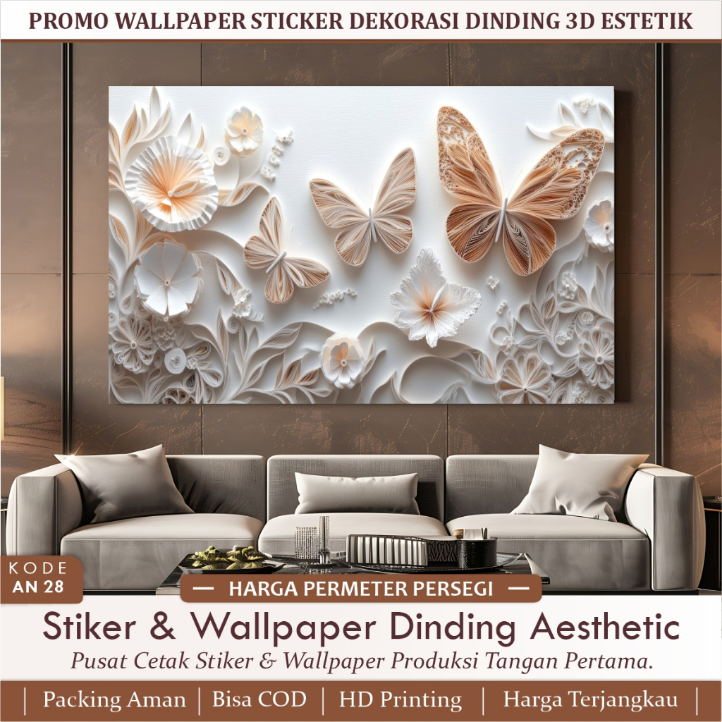 Stiker Wallpaper Dinding 3D Motif Bunga Putih Soft Pink  Mewah Elegan