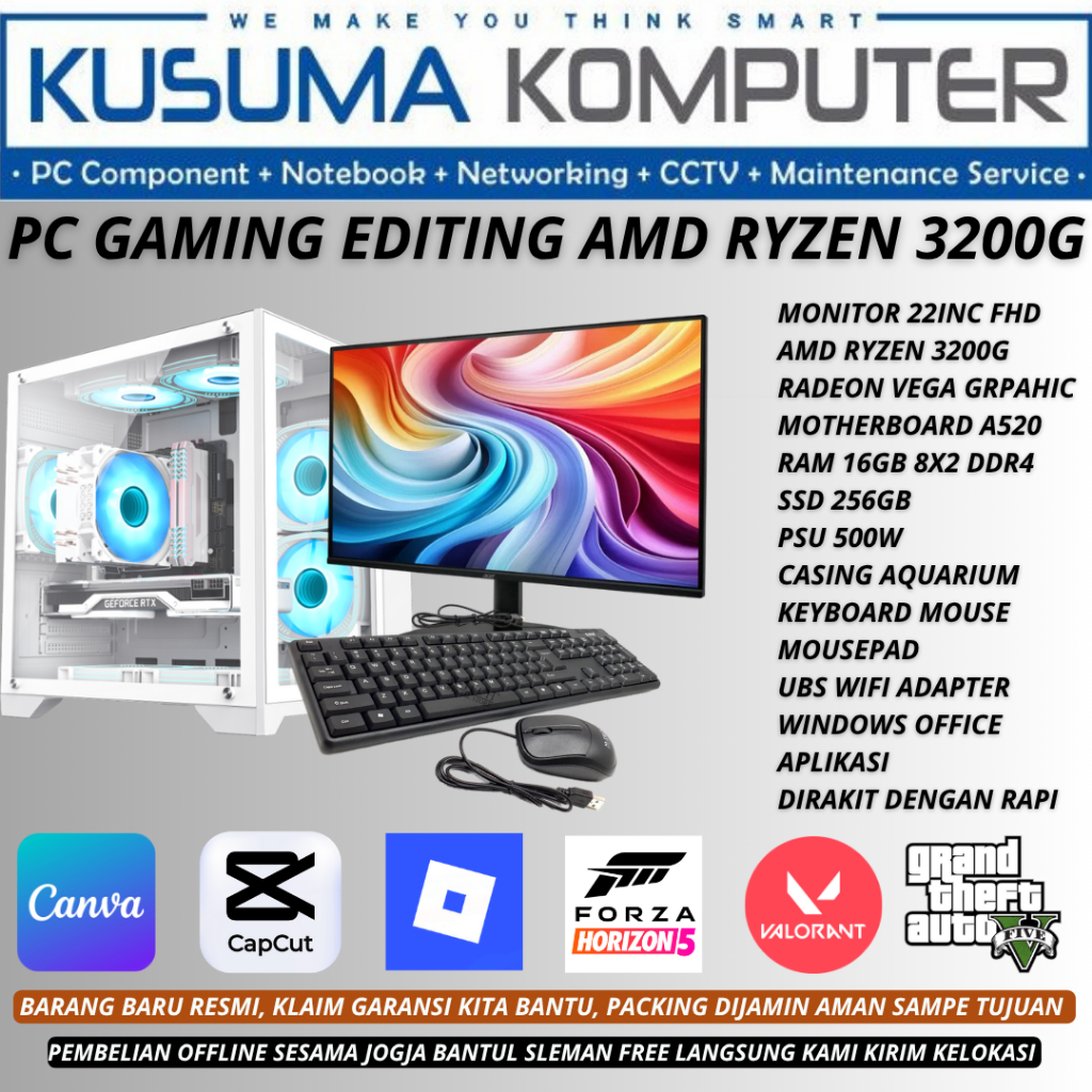 Fullset PC Rakitan Gaming Editing AMD Ryzen 3200G Monitor 22 FHD 16GB Ram