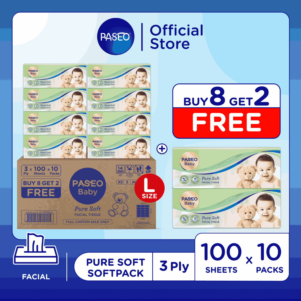 Buy 8 Get 2 Free Paseo Baby Pure Soft Premium Facial Tissue 3ply 100's | Tisu Bayi 3 helai Tissu Waj