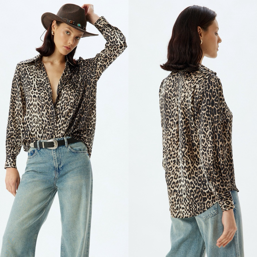 BLOUSE WANITA LEOPARD / KEMEJA LEOPARD SPAO / BAHAN SIFON LICIN & MEWAH KM14