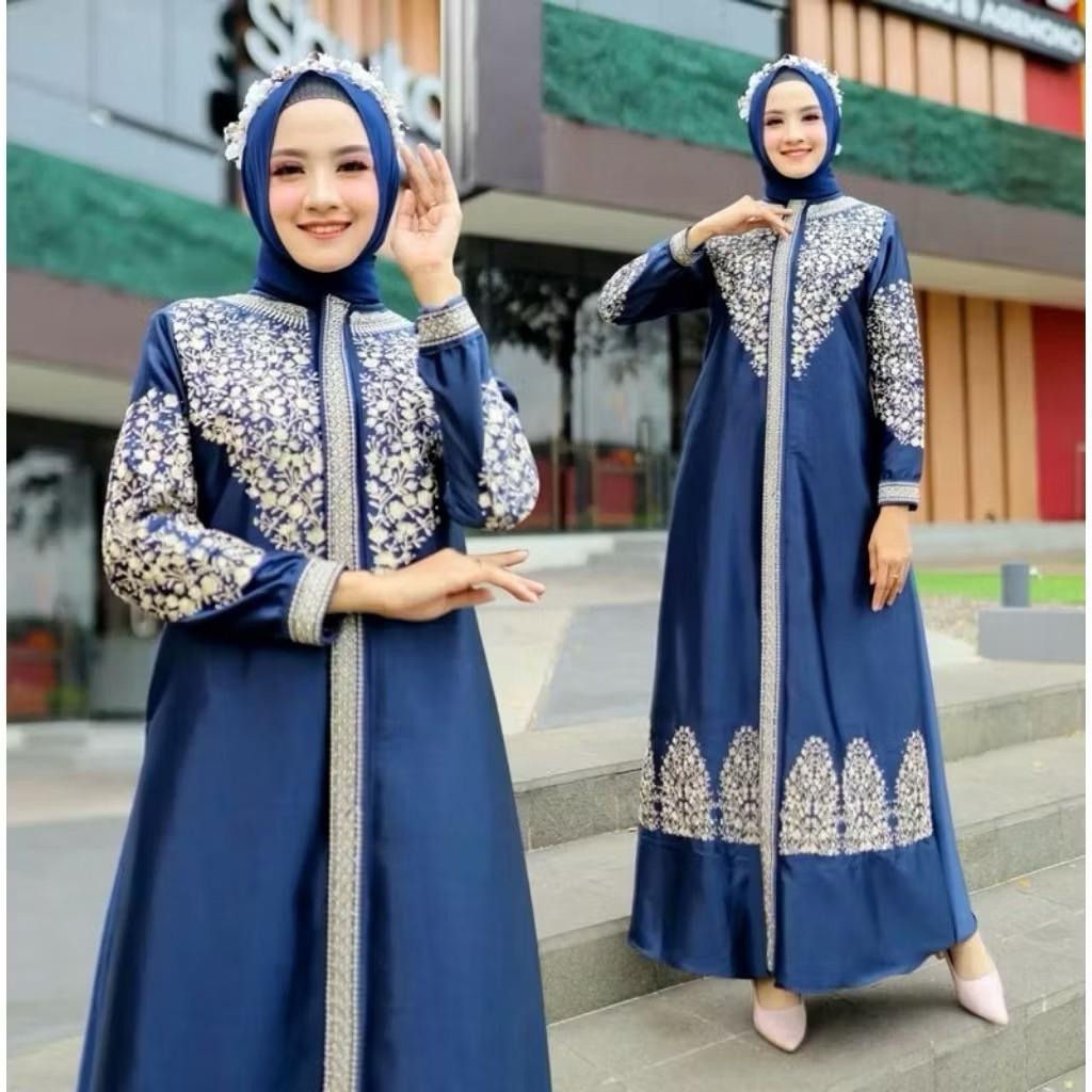 Gamis Satin Kristal Bordir Timbul mewah Elegant