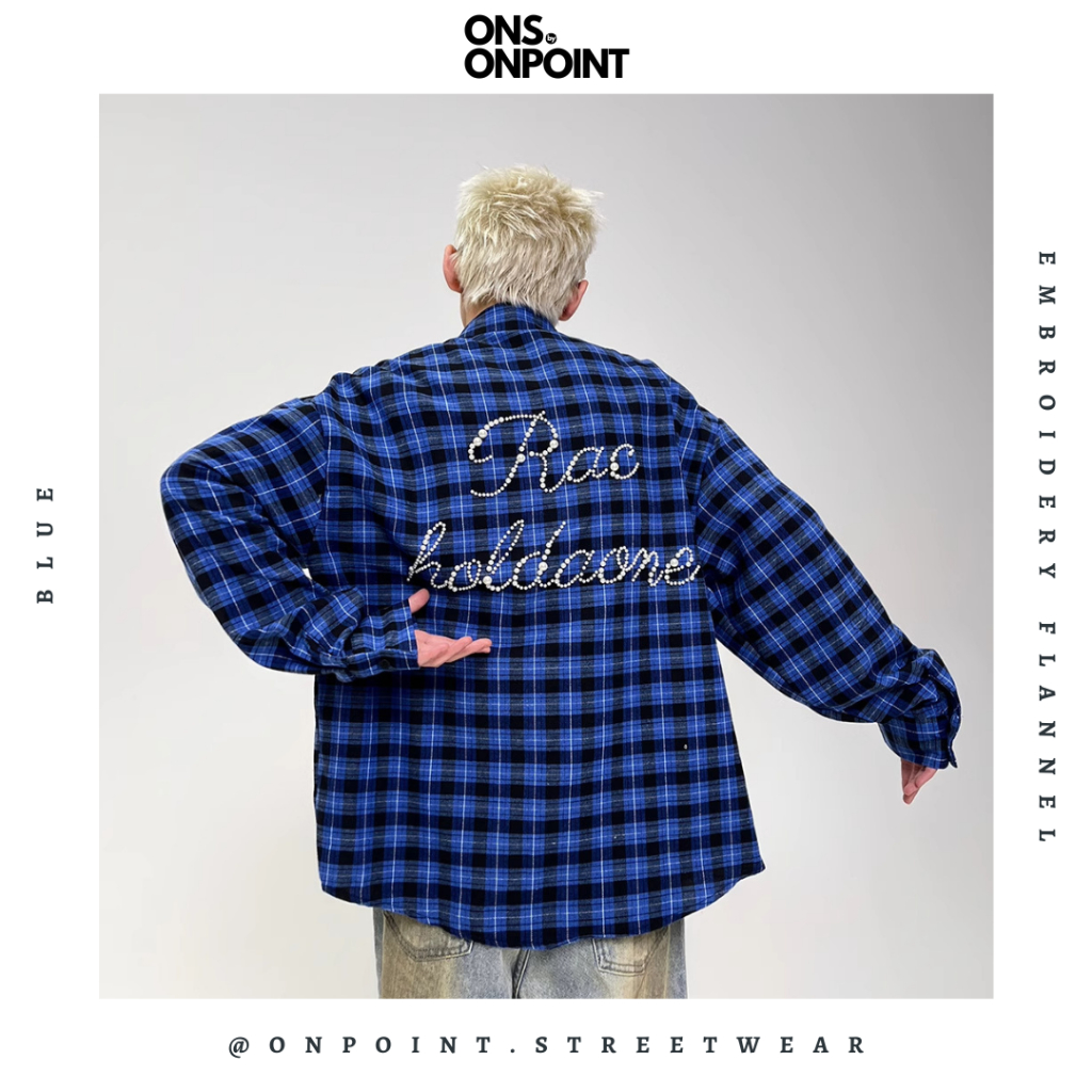 [ONS BY ONPOINT] Embroidery Flannel Shirt - kemeja denim pria kemeja jeans wanita oversize gaya kore